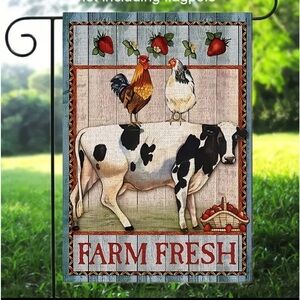 NIP “FARM FRESH ” Garden Flag  12” x 18” Burlap. COW, CHICKEN, ROOSTER